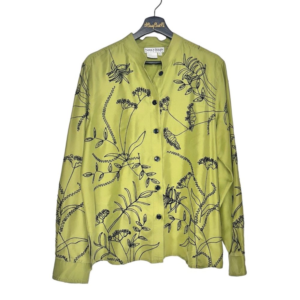 Nancy Bolen City Girl Green Silk Floral Embroidered Long Sleeve Blouse L